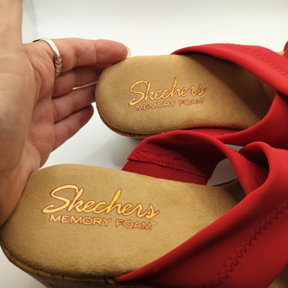 2/$30 Skechers Red Tan Wedge Cross Strap Slip On Sandals Womens‎ Size 7 Summer - Picture 11 of 13